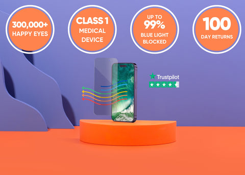Ocushield anti-blue light screen protector on iPhone, showcasing screen protection against blue light for eyecare