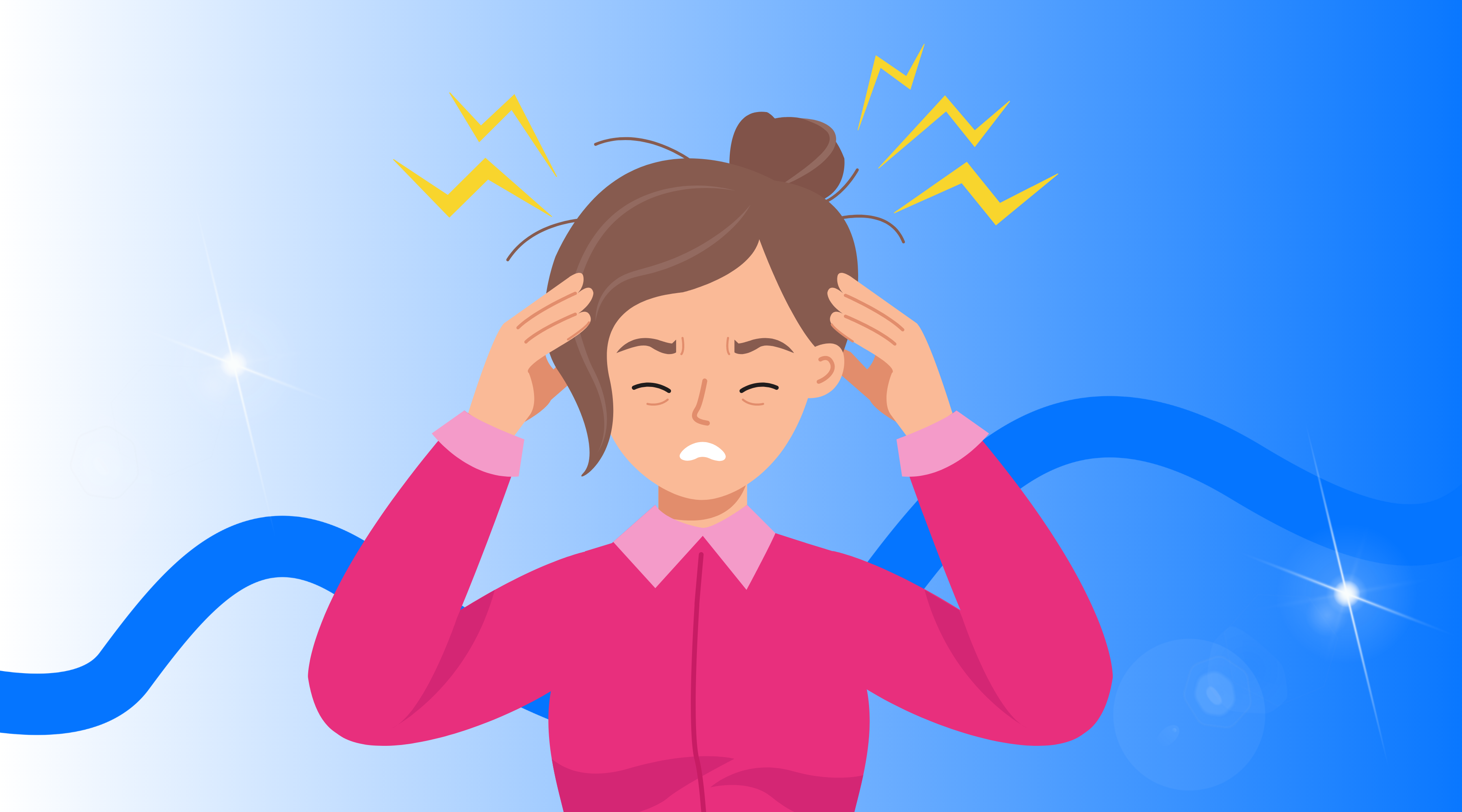 Illustration of a young woman clutching her temples to indicate a headache or migraine; stylized lightning bolts around her head.