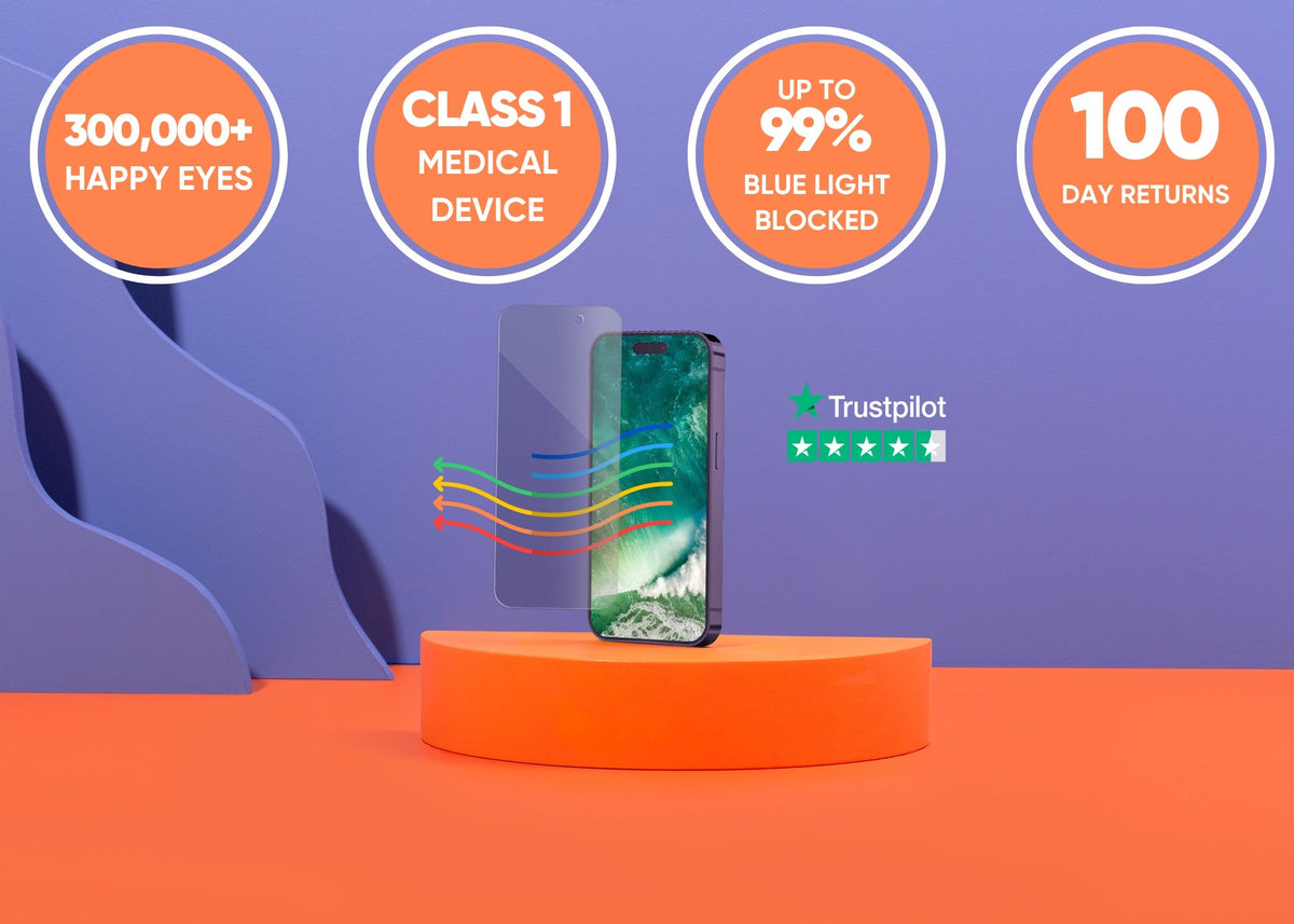 Ocushield anti-blue light screen protector on iPhone, showcasing screen protection against blue light for eyecare
