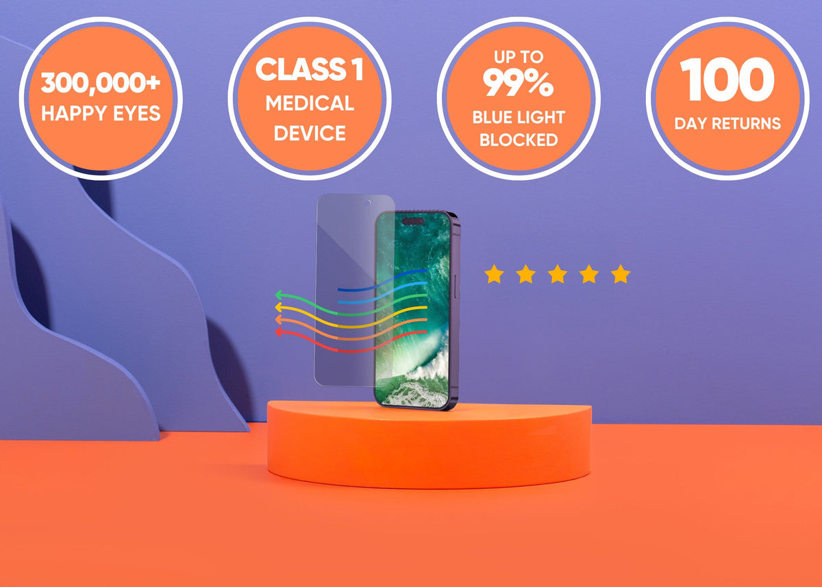 Ocushield anti-blue light screen protector on iPhone, showcasing screen protection against blue light for eyecare